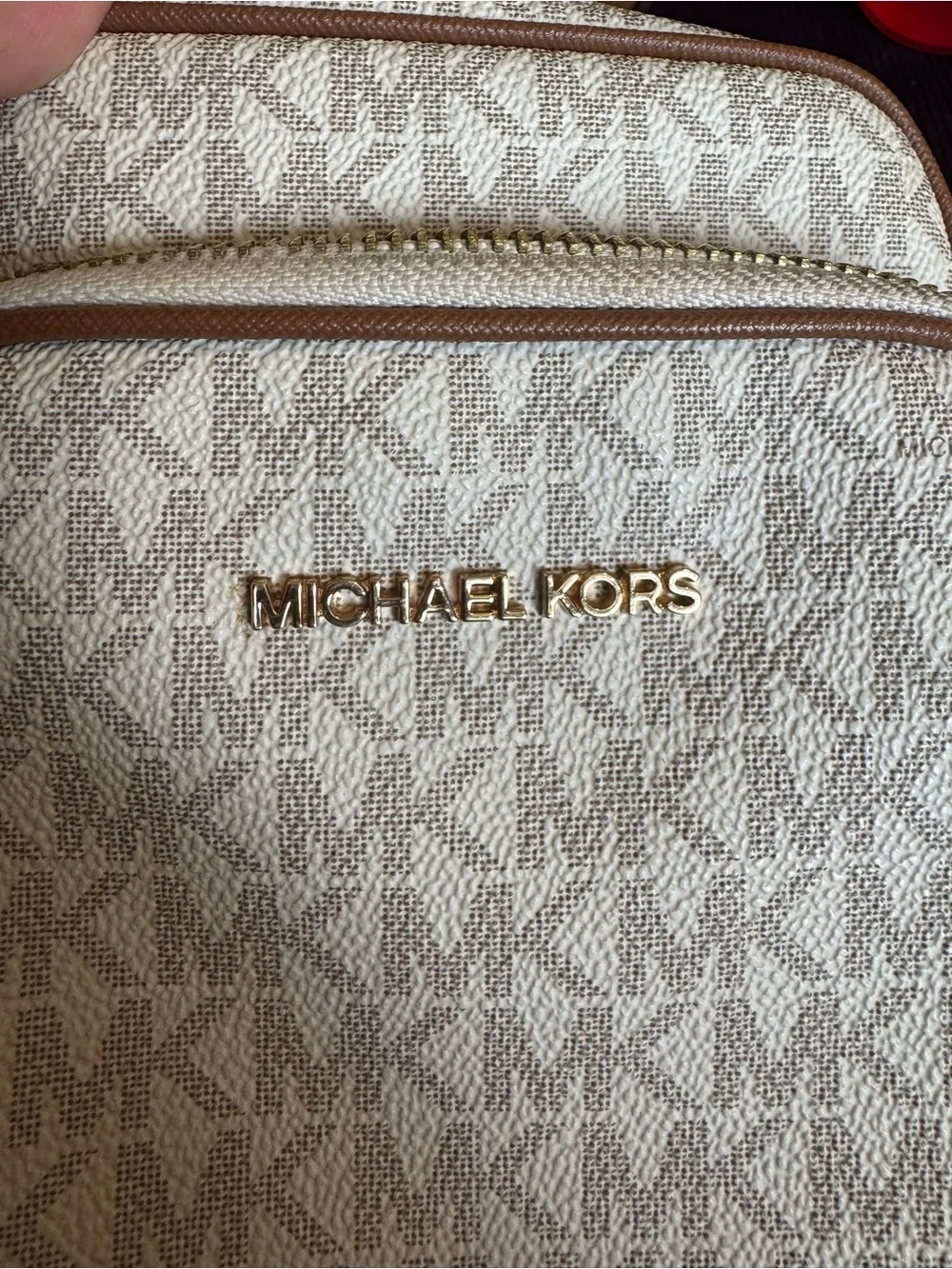 Michael Kors Beige Monogram Crossbody with Brown Trim and Gold Hardware